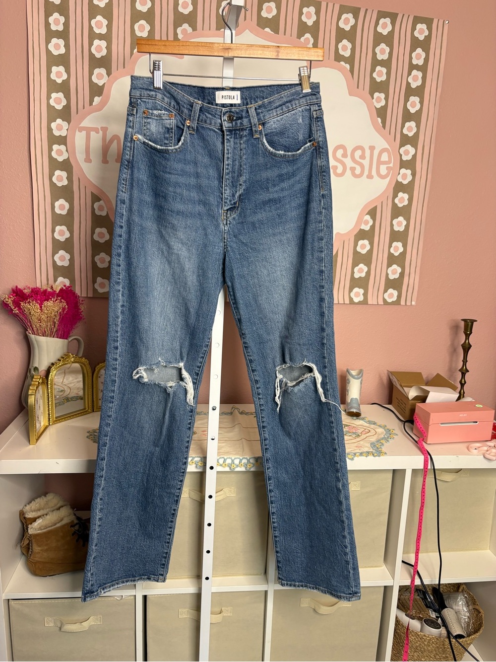 Pistola woman’s Blue Distressed Straight-Leg Jeans 28